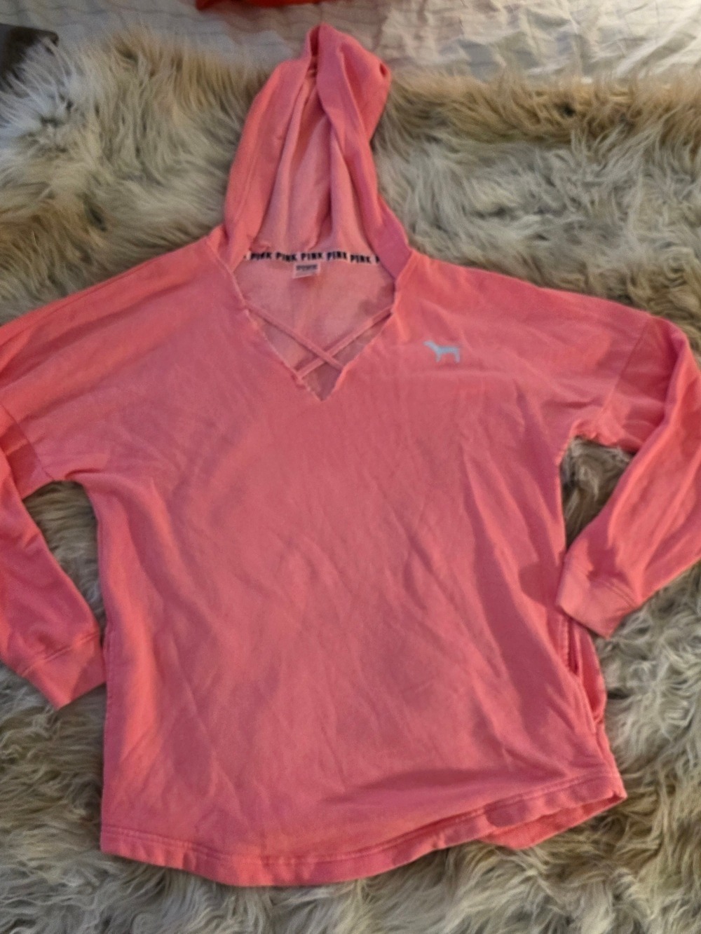 Victoria's Secret PINK Neon Coral Crisscross V-Neck Hoodie Oversized